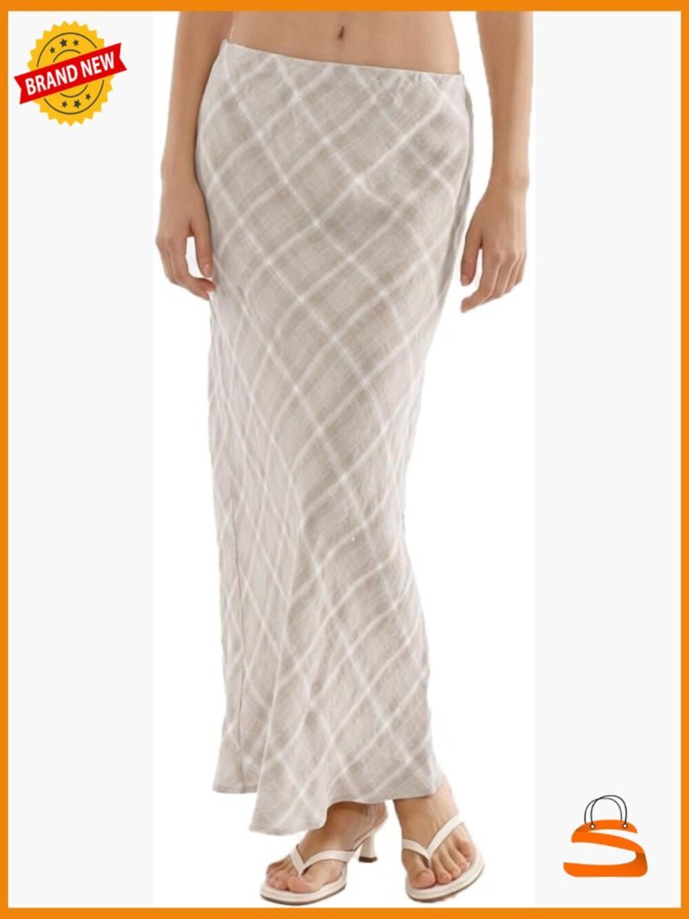 100% Linen A-Line Plaid Midi Skirt Elastic Waist Summer Skirt